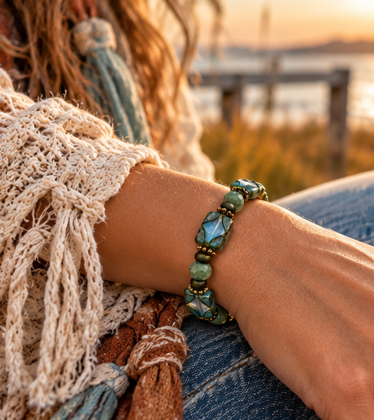 A close-up of a person's wrist wearing a bohemian-style beaded bracelet with green and blue-green Czech retangle table cut beads, amazonite facted beads, metallic green 6/0 seed beads and gold-toned accents, styled with a cream knit sweater and blue jeans against a warm sunset background.