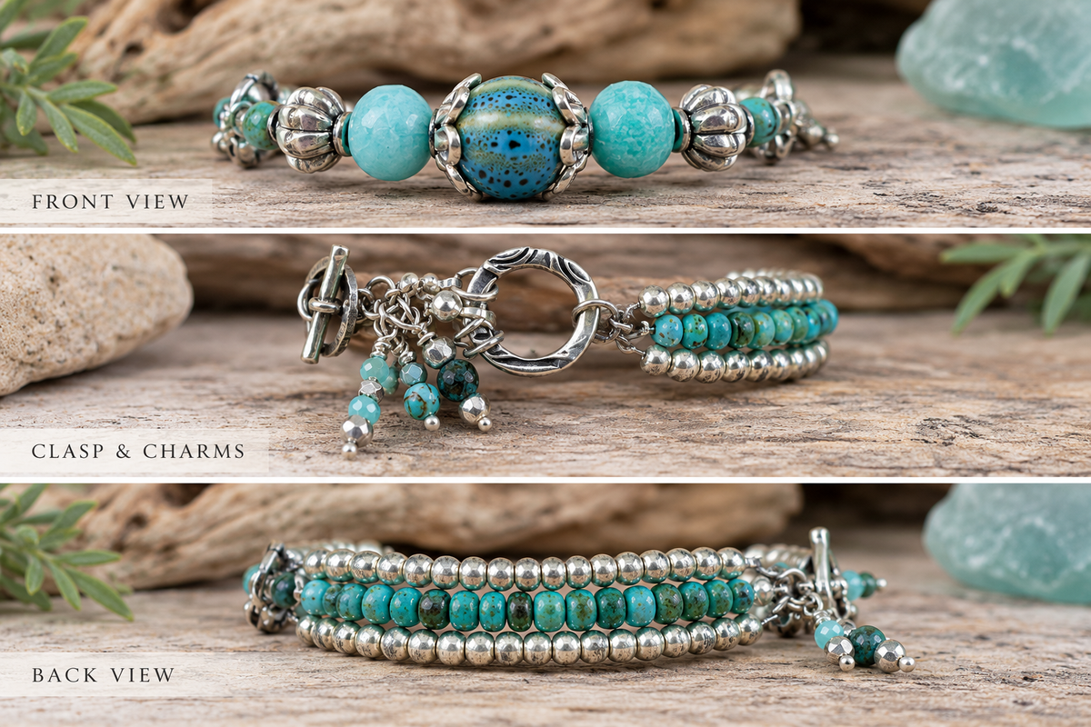 Three horizontal product views of a beaded bracelet on a rustic wood surface. The top view shows the full bracelet labeled 'FRONT VIEW'; the middle shows the clasp and charms labeled 'CLASP & CHARMS'; the bottom shows the back view.