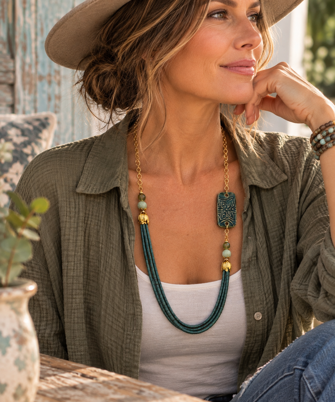 A woman wearing a bohemian-style long necklace with dark teal beads, gold spacer beads, and a carved rectangular pendant, styled with an olive green shirt and a beige hat.