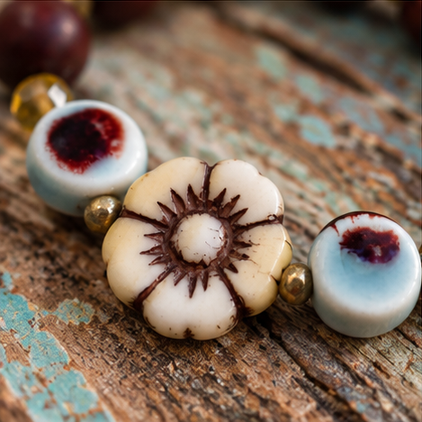 A close-up of a handmade beaded strand featuring a central cream-colored Czech flower bead with a dark brown starburst center, flanked by two round pale blue ceramic coin beads with dark red centers and small gold spacer beads, set against a rustic distressed wooden background.