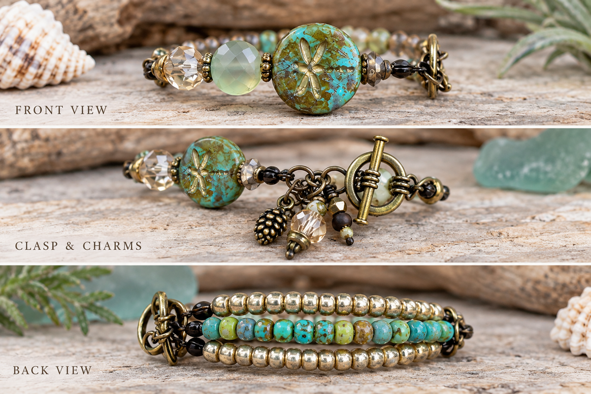Three-panel product photo of a beaded bracelet shown from multiple angles on a rustic wood surface with shells and sea glass. The top panel shows the full front view, the middle shows the clasp and charms detail, and the bottom shows the back view.