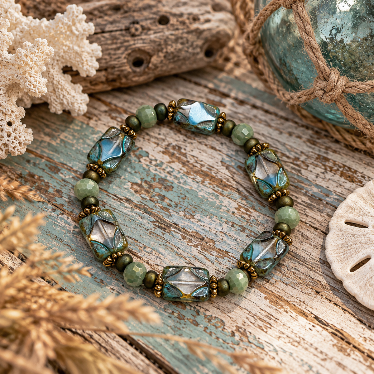 A beaded stretch bracelet with faceted green and blue-green Czech retangle table cut beads, amazonite facted beads, metallic green 6/0 seed beads and gold-toned accents, arranged on a distressed teal wood surface with coral, driftwood, rope, and a sand dollar as props.