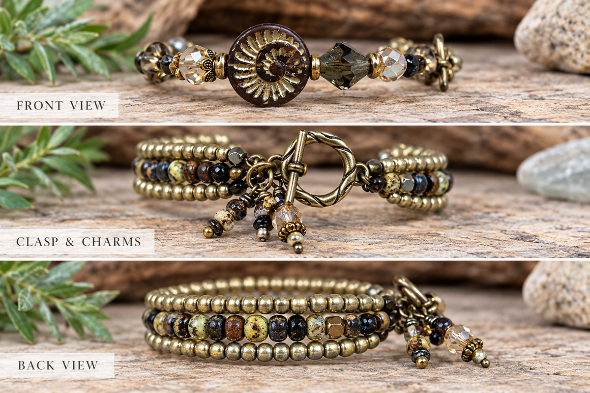 Three horizontal product views of a beaded wrap bracelet on a rustic wood surface with greenery and stones. The top panel shows the front view with a spiral shell charm and faceted beads; the middle panel shows the clasp and charms; the bottom panel shows the back view.
