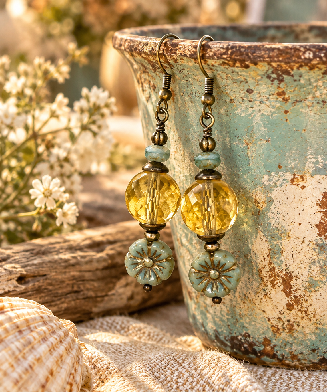 A pair of bohemian-style dangle earrings with faceted lite topaz Czech glass beads, small amazonite beads, Czech Flower with bronze wash, and antiqued bronze-tone metal hooks, displayed hanging from the rim of a distressed teal ceramic pot.