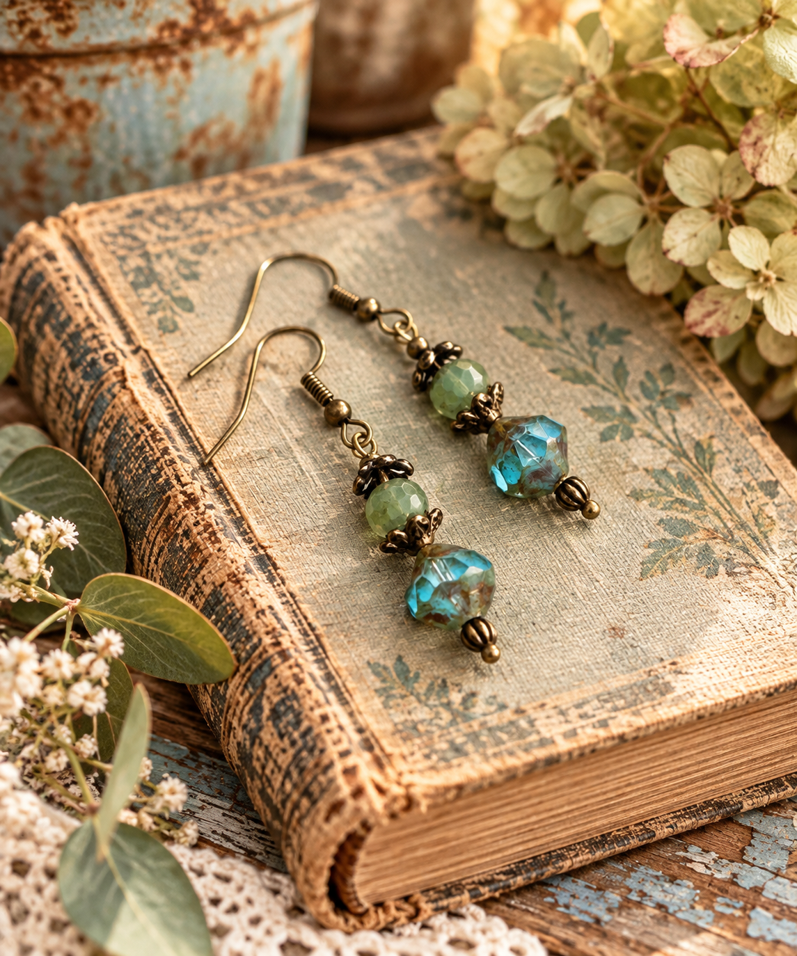 Misty Mornings handmade earrings featuring sage-green faceted Czech glass beads, weathered aqua-blue Saturn-shaped Czech glass beads, antique bronze floral bead caps, and bronze-tone fishhook earwires. Rustic old book sitting on table with earrings on top.