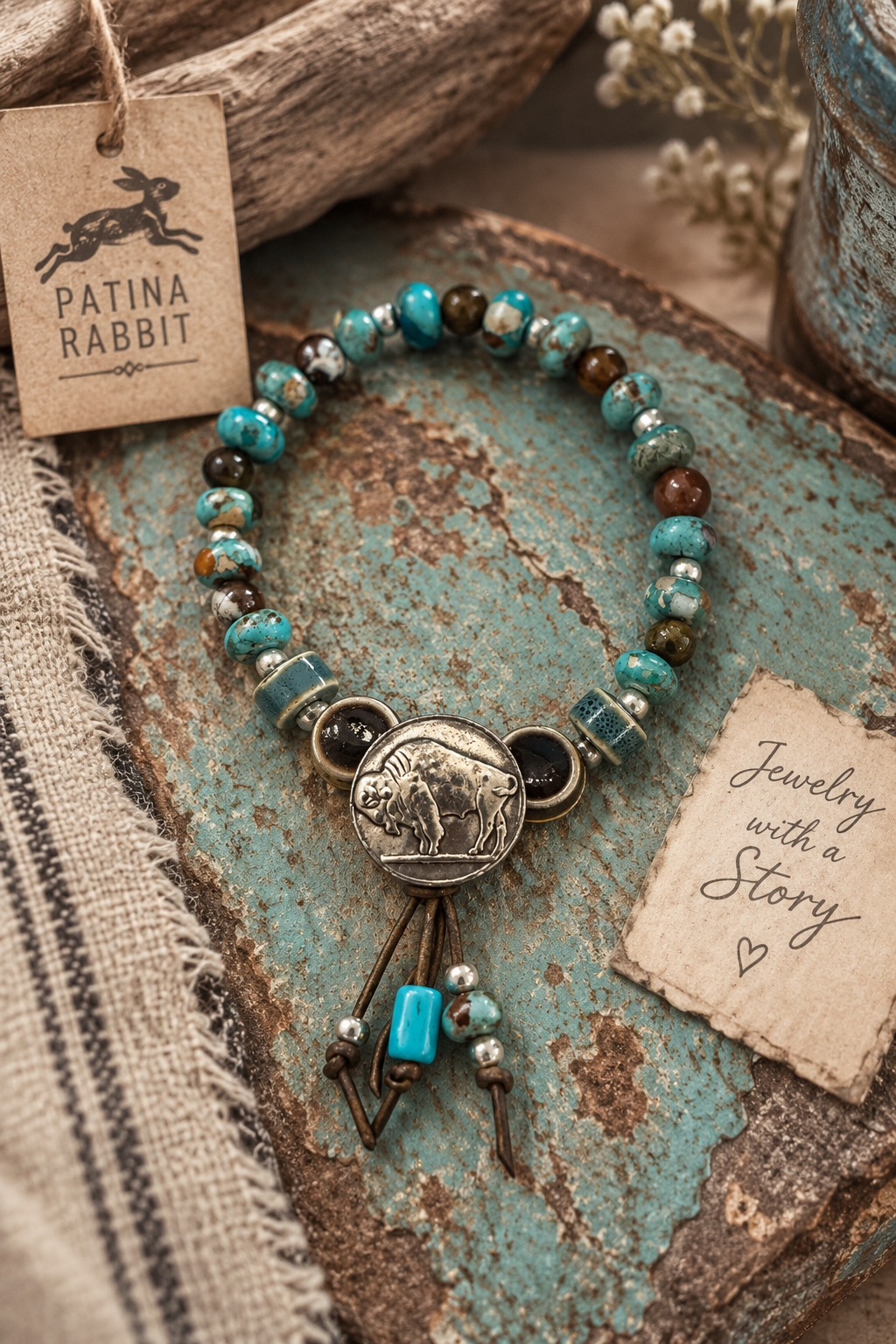 A beaded stretch bracelet featuring silver, brown, turquoise marbled beads, a central round silver-toned button charm, and dangling brown cord tassels with small turquoise and silver beads, displayed on a textured patina old wood table with a Patina Rabbit logo on a hangtag in upper left corner.