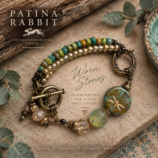 A Patina Rabbit handmade jewelry bracelet styled on a textured stone surface with rustic wood and green leaves. The bracelet features a toggle clasp, a series of green and gold-toned beads, a faceted green stone, and a round Czech turquoise-colored picasso stone with a dragonfly design.