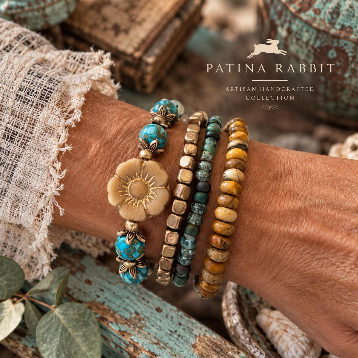 A close-up of a person's wrist wearing four Patina Rabbit handmade bracelets, styled with a rustic bohemian background. The bracelets include turquoise and gold beads, a gold Czech flower charm, square gold beads, and yellow tiger's eye beads.