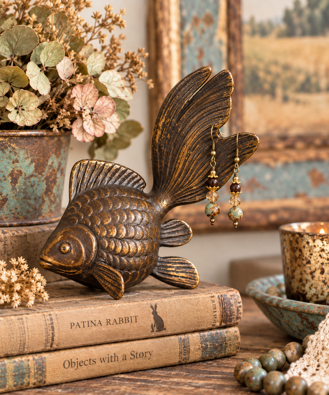 A decorative fish-shaped metal object with a large raised tail, shown on stacked books in a styled interior setting. A dangling beaded earring is draped from the tail, and dried flowers, a candle, beads, and rustic decor surround it.