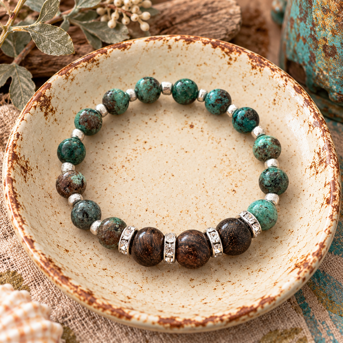 A beaded stretch bracelet featuring dark brown beads and green turquoise marbled beads, silver spacer beads, and silver-toned metal spacers with clear stones, displayed in an antique dish on an old table.