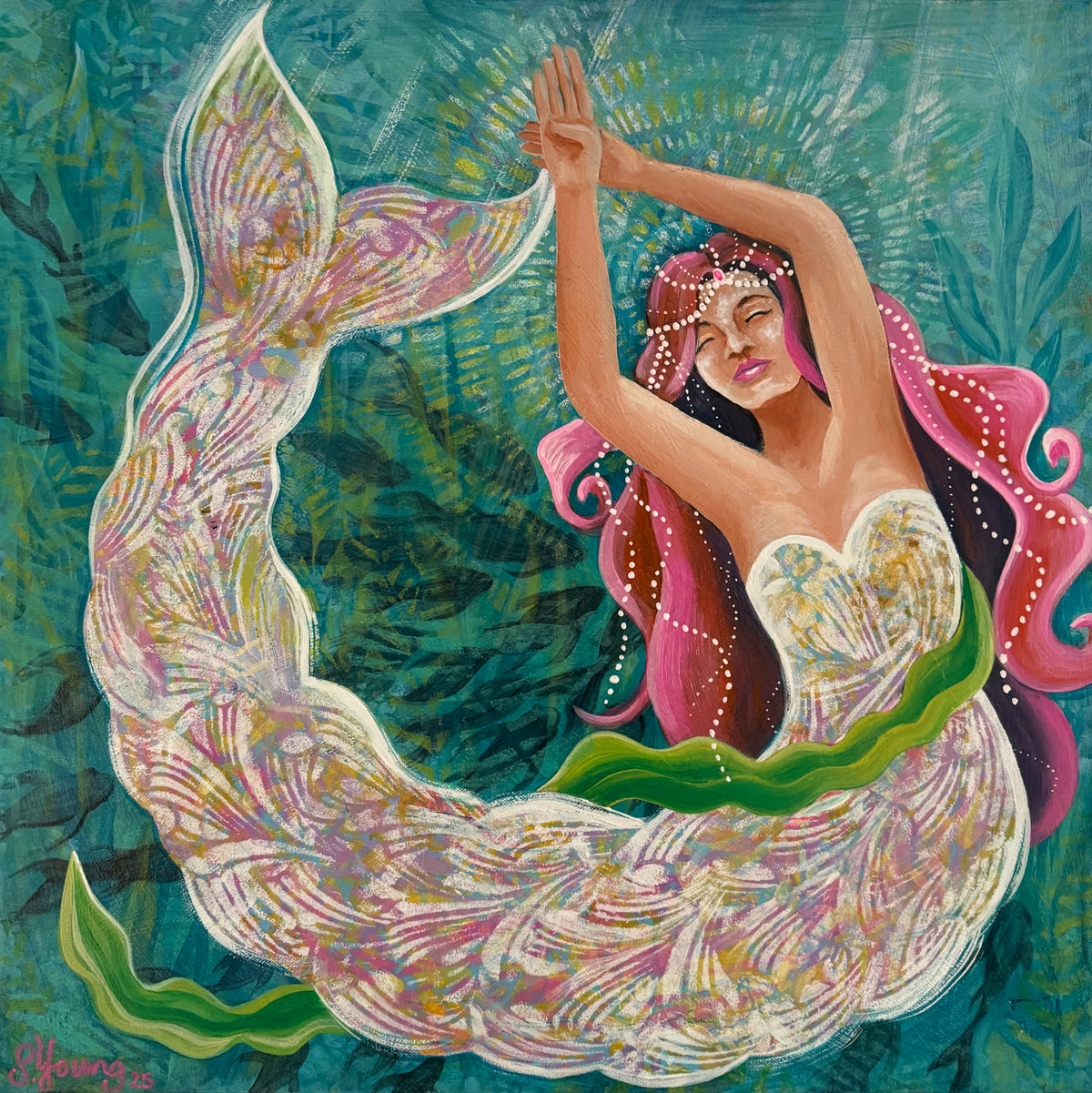 A colorful painted artwork of a mermaid with raised arms, set against an underwater scene. The mermaid has pink hair, a patterned white tail with pink and green accents, and a heart-shaped fin.