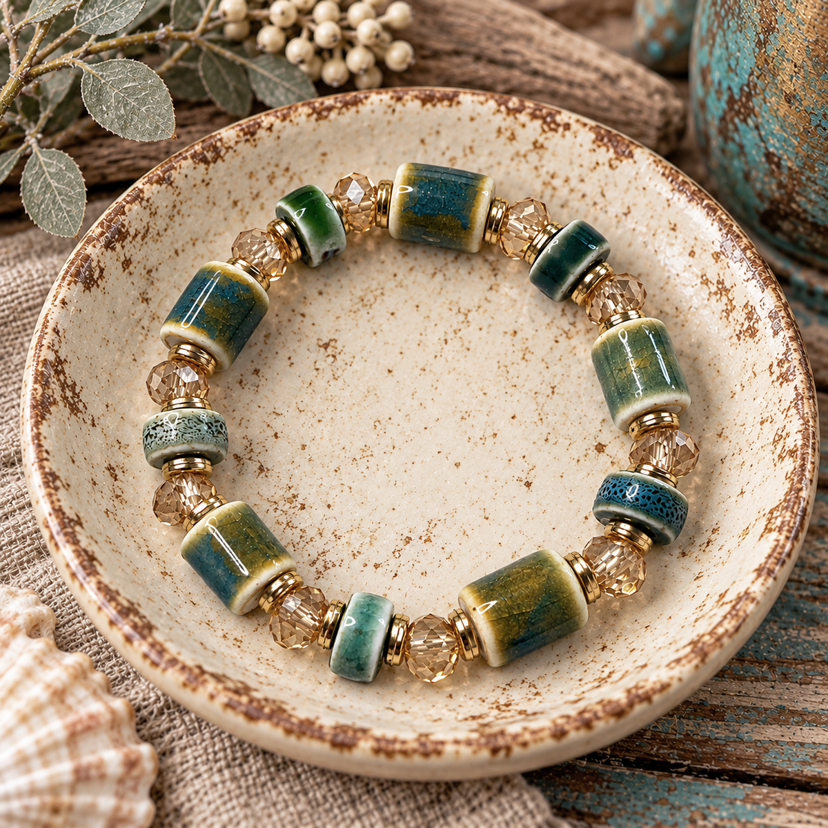 Seagrass & Moss stretch bracelet with moss green and deep teal ceramic beads, champagne glass beads, and gold accents spacer beads laying in a old dish and table.