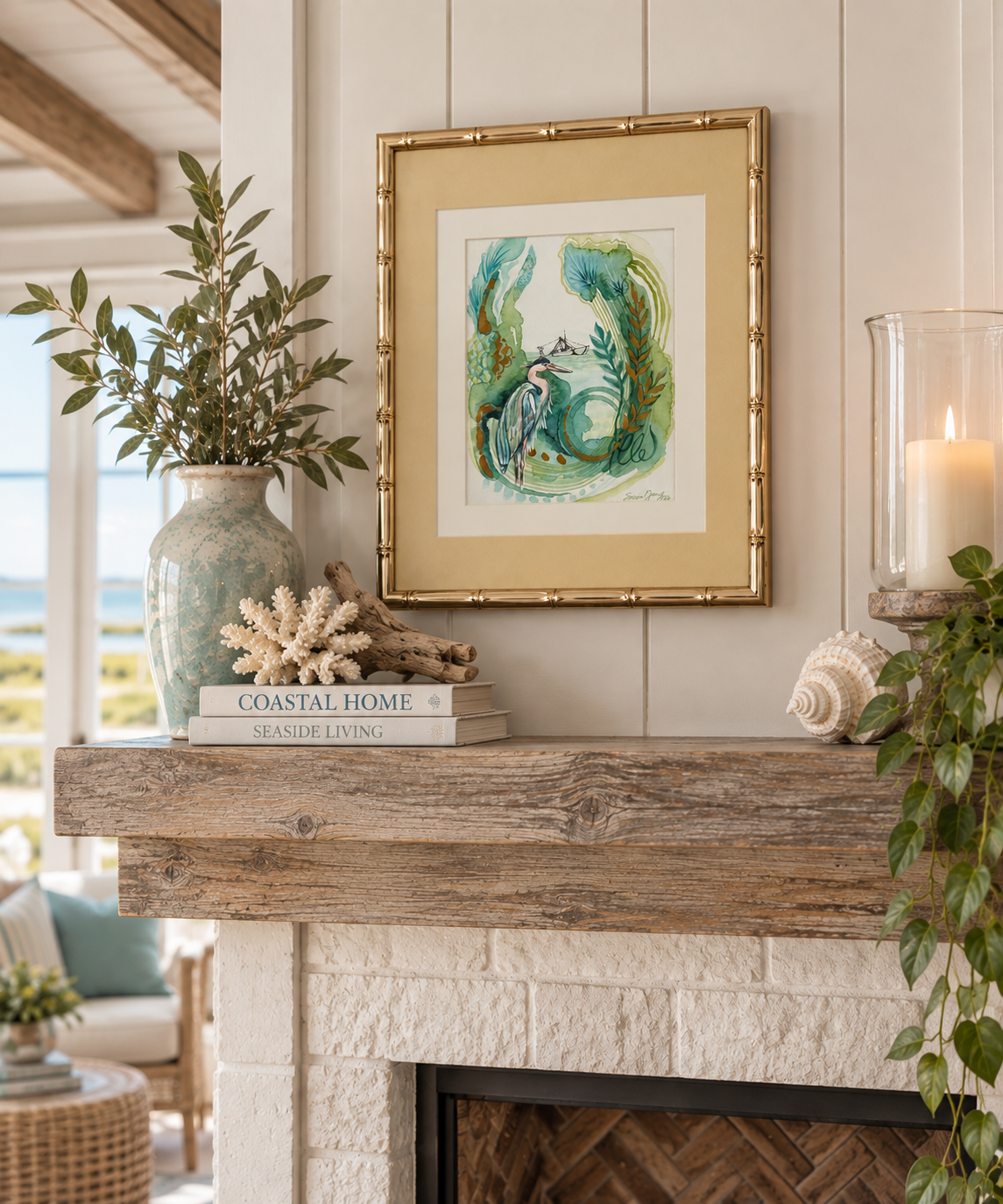 Framed original watercolor with a bamboo-style gold frame hanging on a white paneled wall above a rustic wooden mantel. The print features a green and blue abstract coastal scene.