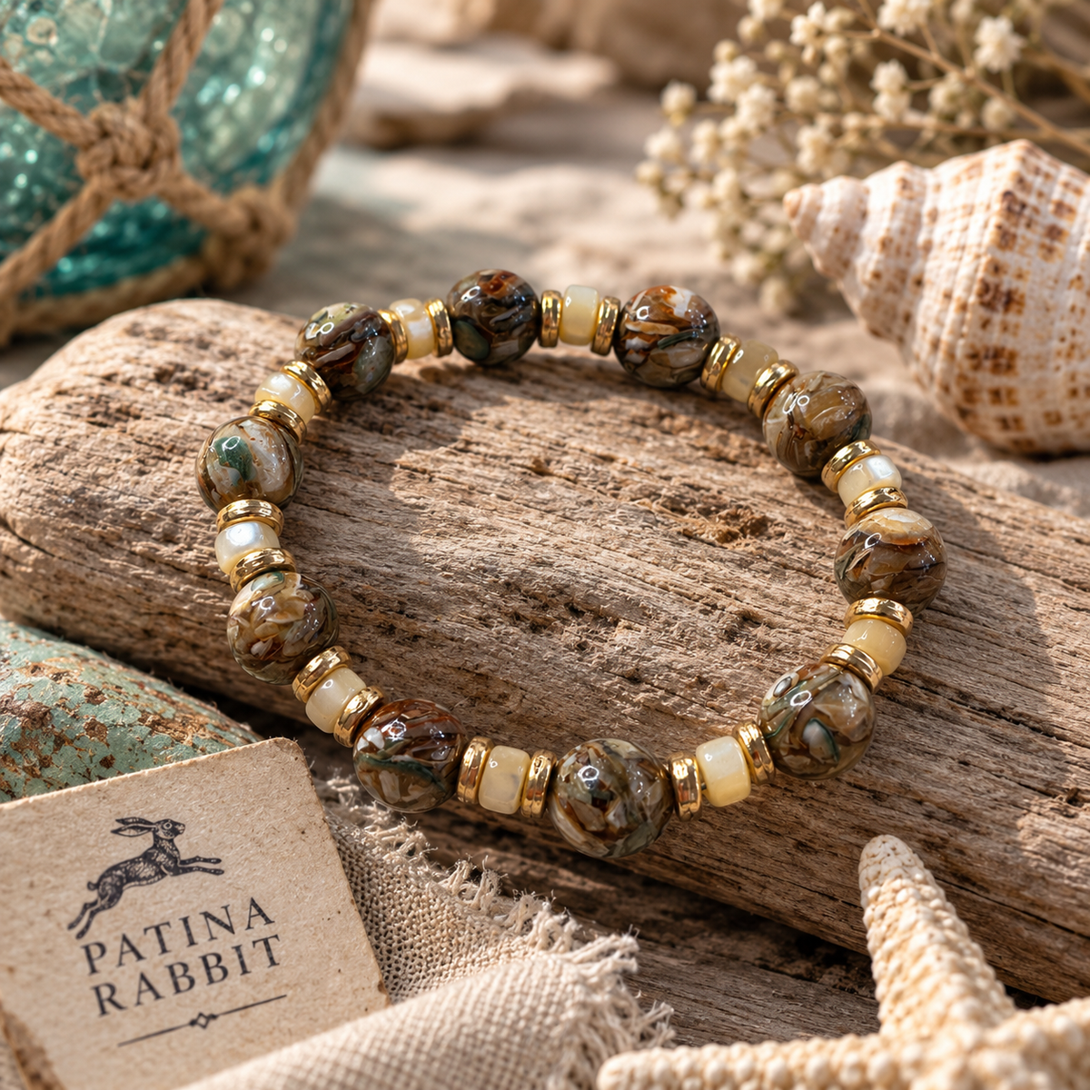 A Patina Rabbit beaded bracelet with marbled brown and cream lampwork beads and gold and cream spacer beads, displayed on a piece of driftwood with seashells and boho props.